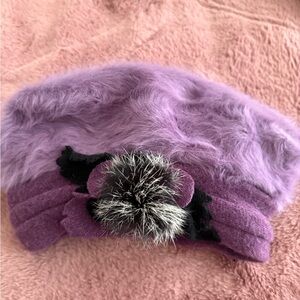 Purple Fuzzy Beret with Pom Pom